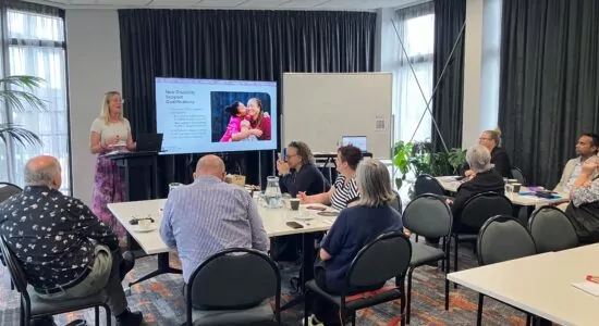People are sat round a table while a woman at the front of the room delivers a workshop and presentation on Disability Support.